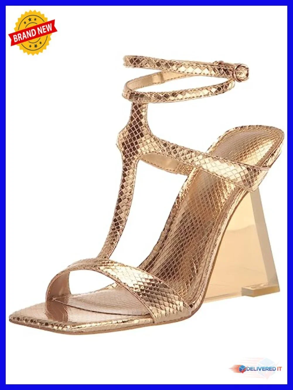 Shimmery Square Toe Wedge Sandal with Ankle Strap
